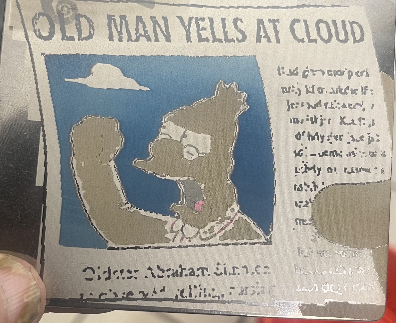 Old Man Yells at Cloud engraving