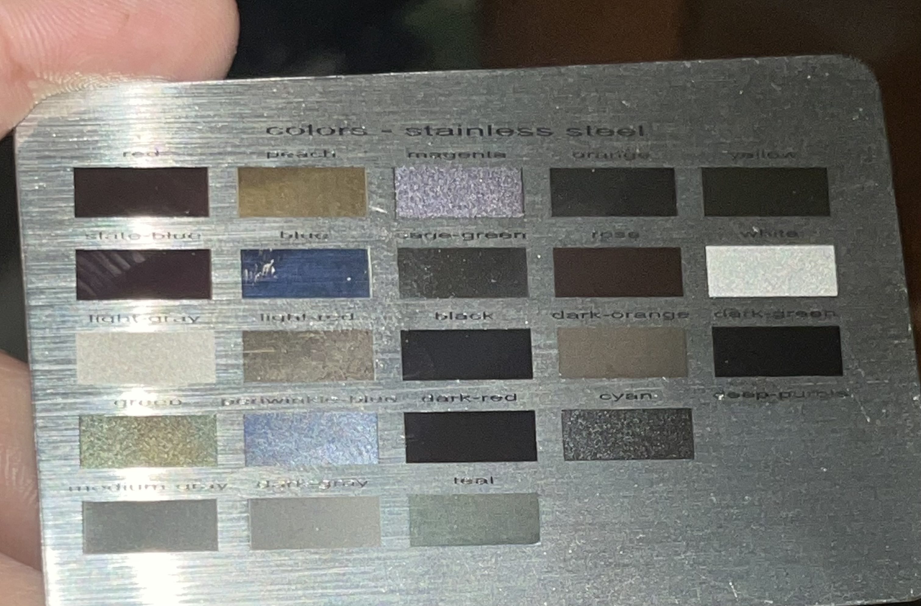 Labeled stainless-steel material test coupon engraved from Rasterizer swatch settings