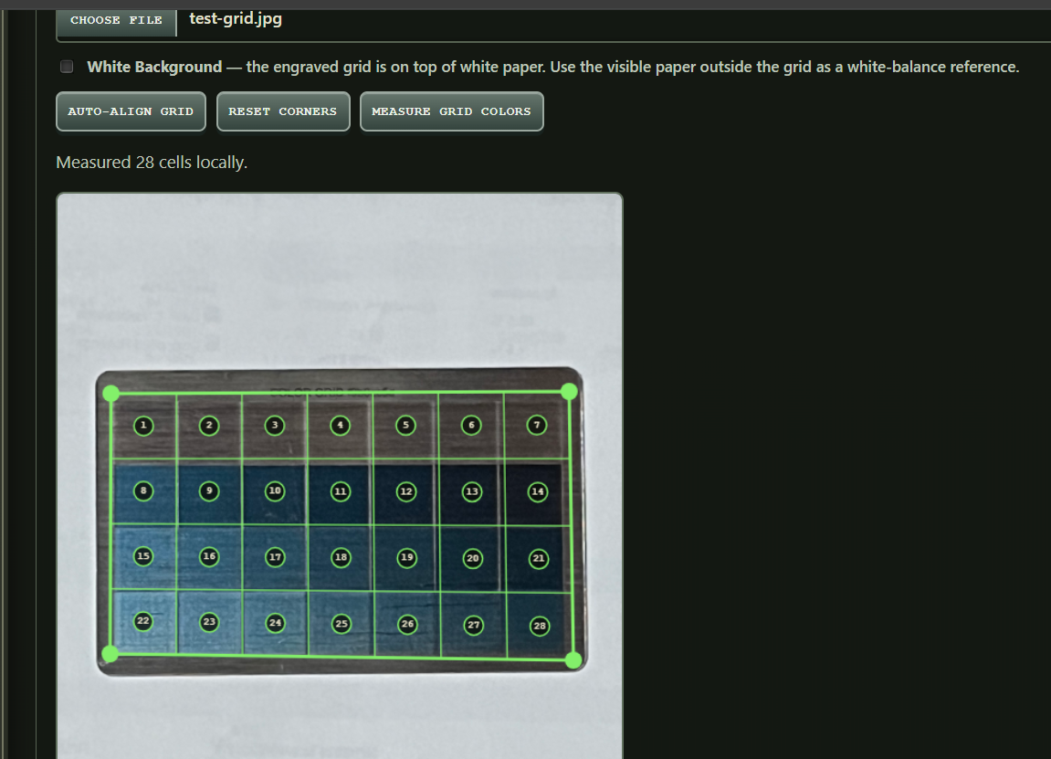 Color Lab photograph alignment over a measured blue discovery grid