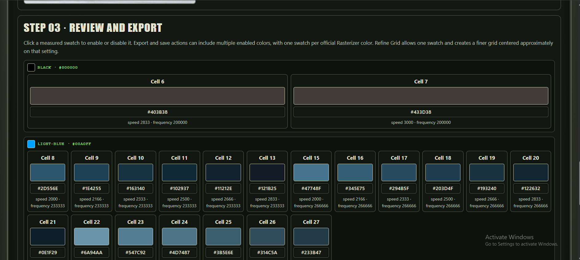 Color Lab review screen showing measured blue swatches available for selection
