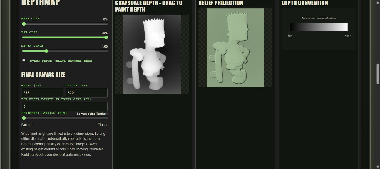 Bart source artwork beside its generated grayscale depthmap and relief projection