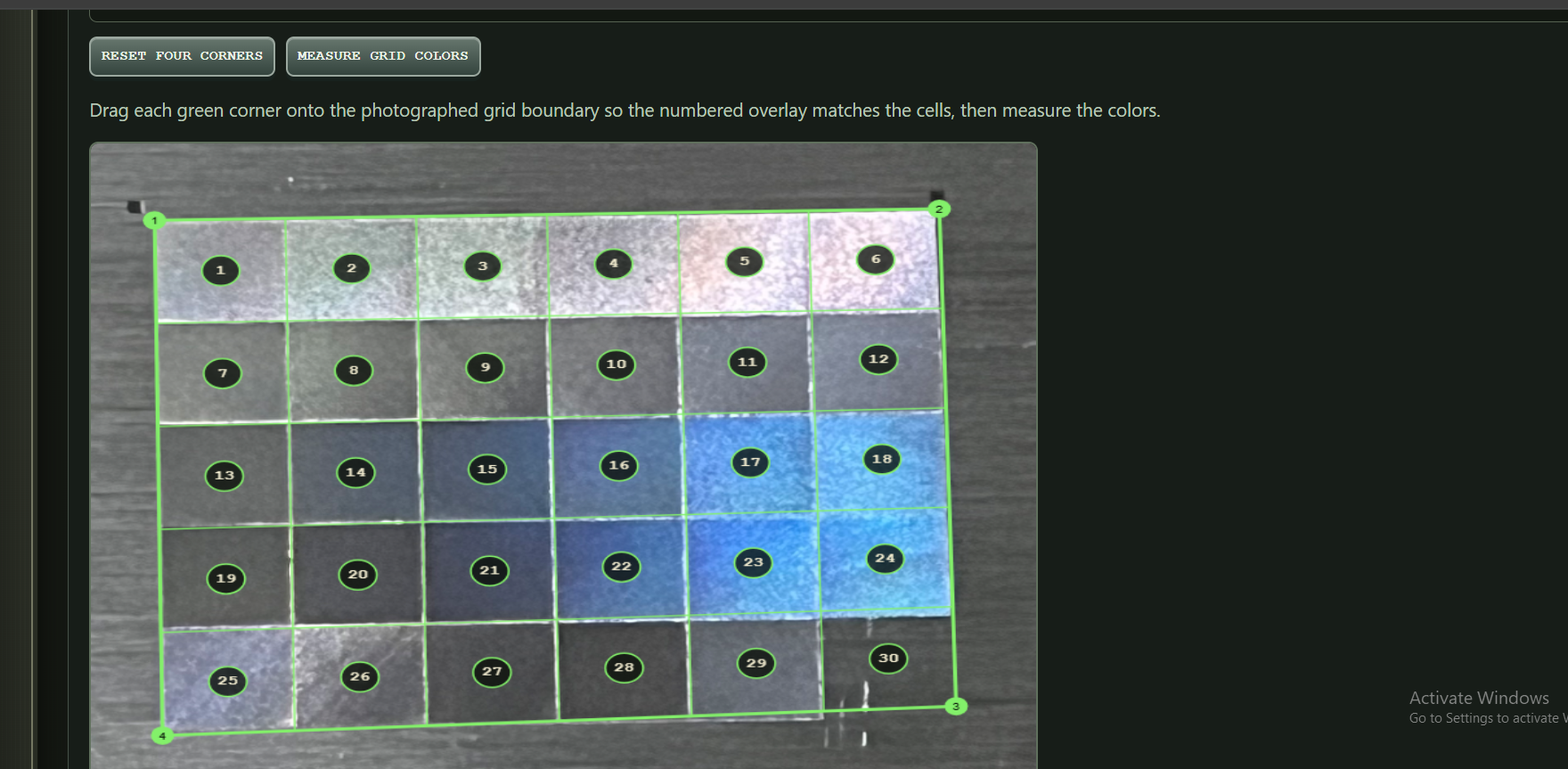 Fauxlographic finished-grid photograph aligned for cell analysis