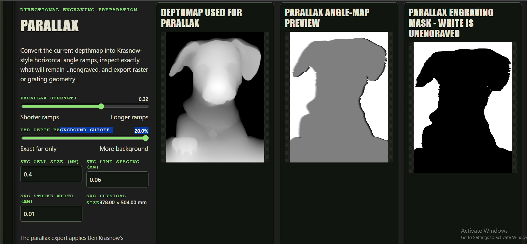 Depthmap Lab parallax controls, source depth, angle-map preview and engraving mask