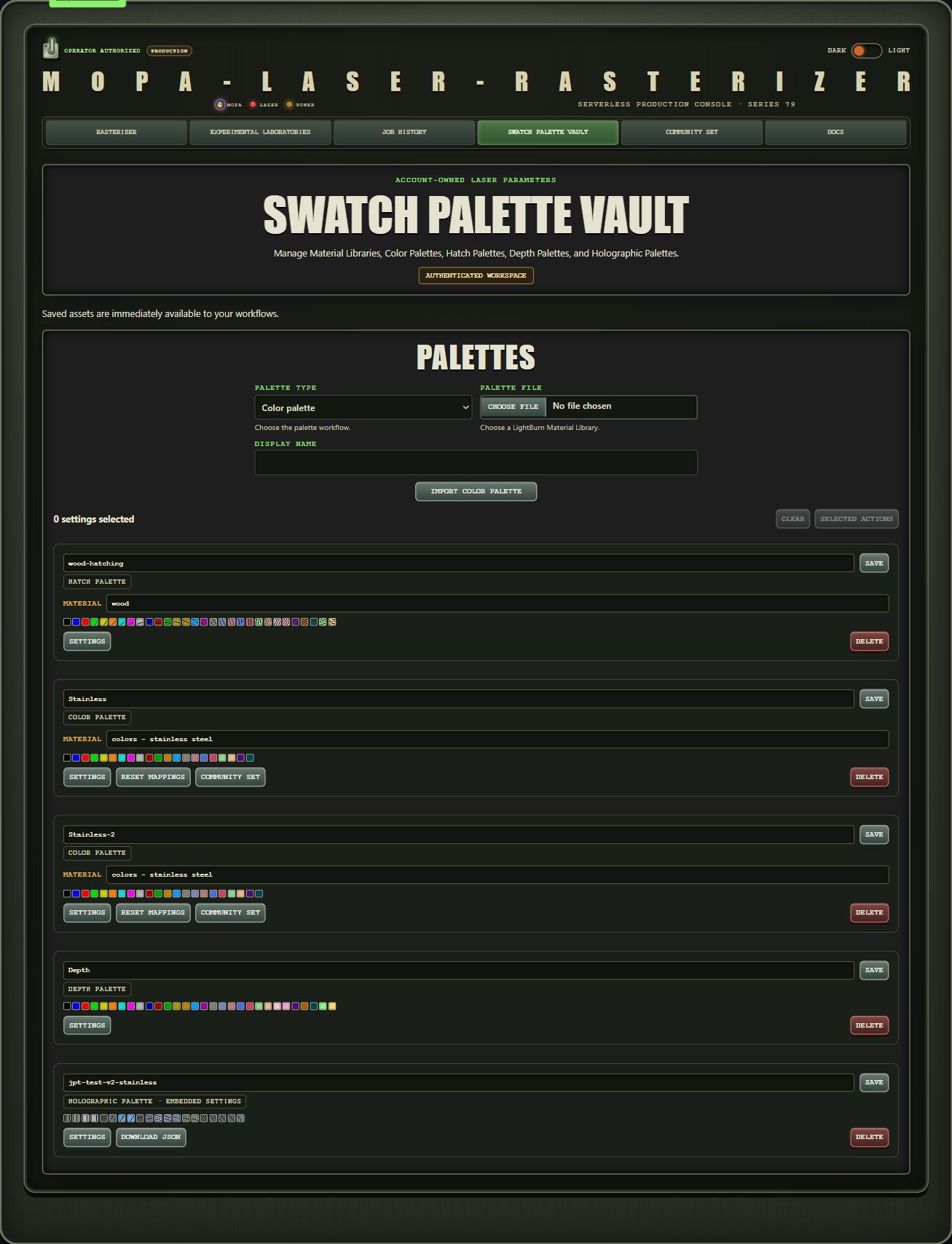 Swatch Palette Vault showing multiple palette types